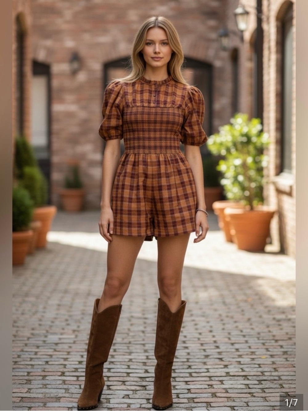 Anthropologie Maeve Puff-Sleeve Smocked Plaid Romper - Size Medium - Picture 5 of 15